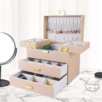 Dajasan Jewelry Organizer Box, Jewelry Holder Organizer Box, PU Leather Jewelry Box, Gift Idea for Valentine's Day, Birthday, Mother's Day, Christmas (Champagne)