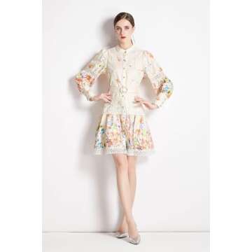 LAI MENG FIVE CATS Women's Hollow Out Floral Print Lantern Sleeve Button Up Casual Mini Dress