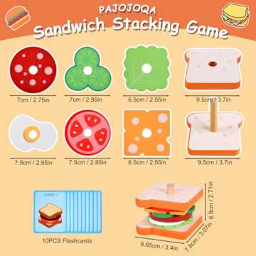 Wooden Sandwich Stacking Toys, Montessori Toys for Toddlers Kitchen Play Food Educational Preschool Learning Toys Christmas Birthday Gift Kids Toys for Boys Girls 3 4 5 Years Old (Sandwich)