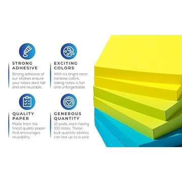 Sticky Notes 3x3 in (12 Pads) Bright Colored Super Self Sticky Pads - 100 Sheets/Pad - Easy to Post ...