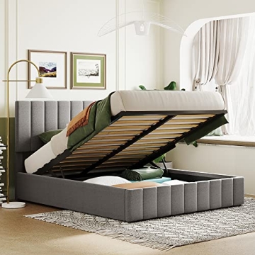 Merax Upholstered Queen Bed Frame with Gas Lift Storage & Tufted Headboard