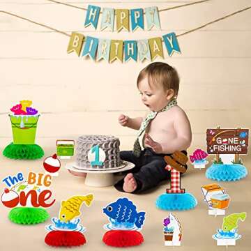 Haooryx 12Pcs The Big One Honeycomb Centerpieces, Gone Fishing Little Fisherman First Birthday Party Table Topper Decoration for Summer Fishing Theme 1st Birthday Baby Shower Pool Party Decor Supplies