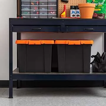 IRIS USA 20 Gallon Lockable Storage Bins with Lids, 2 Pack - Made in USA, Heavy Duty, Stackable Containers, Garage Organizing Bins Moving Tubs, Rugged Sturdy Equipment Utility Box - Black/Orange