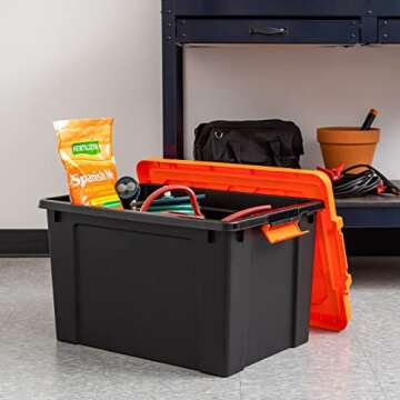 IRIS USA 20 Gallon Lockable Storage Bins with Lids, 2 Pack - Made in USA, Heavy Duty, Stackable Containers, Garage Organizing Bins Moving Tubs, Rugged Sturdy Equipment Utility Box - Black/Orange