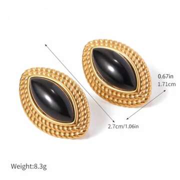 Marquise Black Onyx Earrings for Women,18k Gold Plated Stainless Steel Earrings,Trendy Jewelry for W...