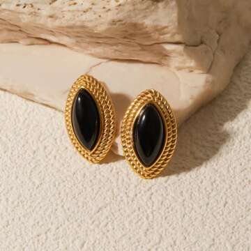 Marquise Black Onyx Earrings for Women,18k Gold Plated Stainless Steel Earrings,Trendy Jewelry for Women
