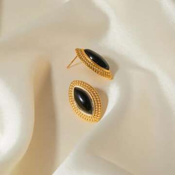 Marquise Black Onyx Earrings for Women,18k Gold Plated Stainless Steel Earrings,Trendy Jewelry for Women