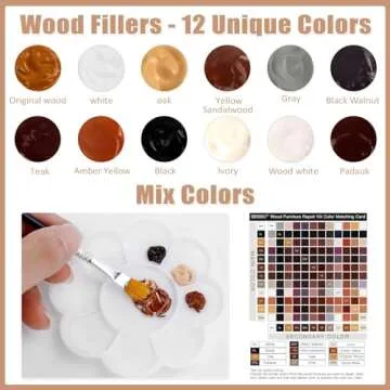 SEISSO Furniture Repair Kit Wood Filler - 12 Pcs Touch Up Wood Restore Set Filler 12 Colors Furniture Scratch Kit with Tools, Wood Repair Kit for Scratches, Stains, Scorch, Wooden Floor, Door, Table