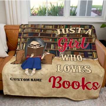 SATIGI Just A Woman Who Loves Book Blanket, Personalized Reading Blanket for Book Lovers, Valentines Day Gifts for Book Lovers Girlfriends Her, Best Bookworm Gifts, Book Club Gifts Birthday for Women