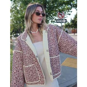 Arssm Women Floral Quilted Puffer Jacket Cropped Lightweight Patchwork Vintage Padded Short Coat Outerwear(Red-S)