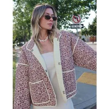 Arssm Women Floral Quilted Puffer Jacket Cropped Lightweight Patchwork Vintage Padded Short Coat Outerwear(Red-S)