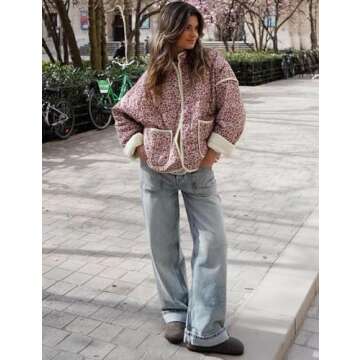 Arssm Women Floral Quilted Puffer Jacket Cropped Lightweight Patchwork Vintage Padded Short Coat Outerwear(Red-S)