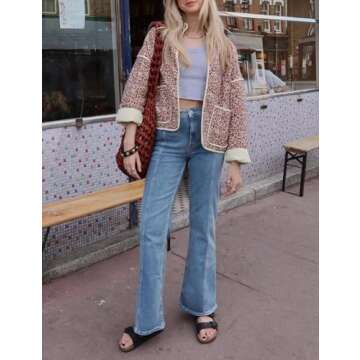 Arssm Women Floral Quilted Puffer Jacket Cropped Lightweight Patchwork Vintage Padded Short Coat Outerwear(Red-S)