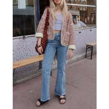 Arssm Women Floral Quilted Puffer Jacket Cropped Lightweight Patchwork Vintage Padded Short Coat Outerwear(Red-S)