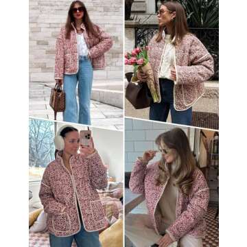 Arssm Women Floral Quilted Puffer Jacket Cropped Lightweight Patchwork Vintage Padded Short Coat Outerwear(Red-S)