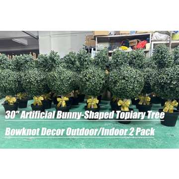 BLONYUVC 30'' Artificial Bunny-Shaped Topiary Tree Pot UV-Resistant Bowknot Faux Boxwood Topiaries P...