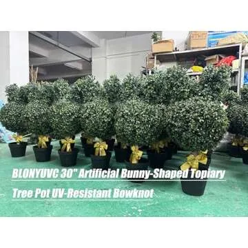 BLONYUVC 30'' Artificial Bunny-Shaped Topiary Tree Pot UV-Resistant Bowknot Faux Boxwood Topiaries Plant for Porch Decor Outdoor/Indoor 2 Pack