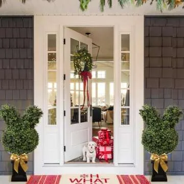 BLONYUVC 30'' Artificial Bunny-Shaped Topiary Tree Pot UV-Resistant Bowknot Faux Boxwood Topiaries Plant for Porch Decor Outdoor/Indoor 2 Pack