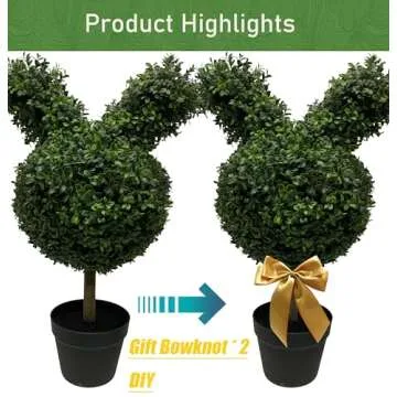 BLONYUVC 30'' Artificial Bunny-Shaped Topiary Tree Pot UV-Resistant Bowknot Faux Boxwood Topiaries Plant for Porch Decor Outdoor/Indoor 2 Pack