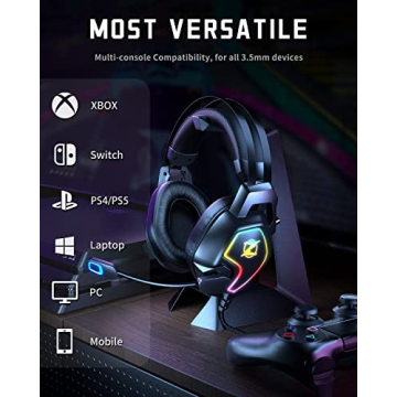 Gaming Headset for Xbox One Series X/S Ps5, Ps4, PC Switch, Noise Canceling Headphones with Microphone, 3.5mm Audio Jack, Auto-Adjust Headband