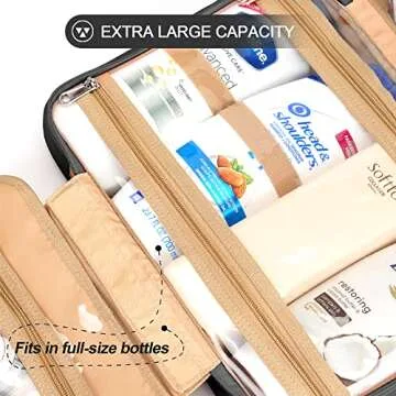 COOSKY Travel Hanging Toiletry Bag for Women, Holds Full-Size Shampoo, with Jewelry Organizer Compartment, Extra Large Makeup Bag, Waterproof Cosmetic Bag, Toiletries Kit Set with Trolley Belt, Black