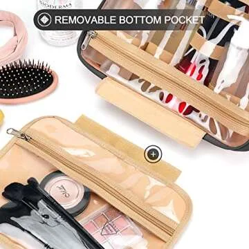 COOSKY Travel Hanging Toiletry Bag for Women, Holds Full-Size Shampoo, with Jewelry Organizer Compartment, Extra Large Makeup Bag, Waterproof Cosmetic Bag, Toiletries Kit Set with Trolley Belt, Black