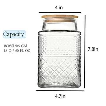 Large Glass Storage Jar, 2 Pack 60 FL OZ Glass Food Storage Containers with Bamboo Lid, Kitchen Containers Cereal Canisters Decorative Jar for Candy Snack Cookies Coffee Tea Nuts Airtight Glass Jars
