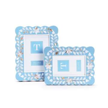 Two's Company Hydrangea Blue Scalloped Edge Photo Frames - Elegant Floral Picture Frame Set - Unique...