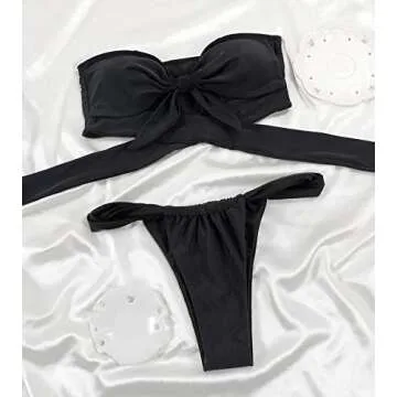 MIYOUJ Women's Thong Bikini Swimsuit Sexy Knot Front Bikini Sets Cheeky Bathing Suit with Removable Shoulder Strap (Black,Small)