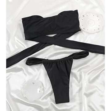 MIYOUJ Women's Thong Bikini Swimsuit Sexy Knot Front Bikini Sets Cheeky Bathing Suit with Removable Shoulder Strap (Black,Small)