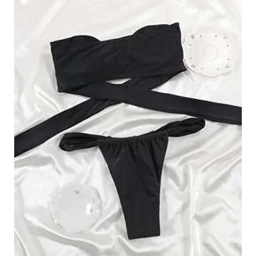 MIYOUJ Women's Thong Bikini Swimsuit Sexy Knot Front Bikini Sets Cheeky Bathing Suit with Removable Shoulder Strap (Black,Small)