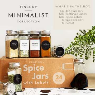 FINESSY Empty Glass Spice Jars with Labels Seasoning Container Organizer Metal Lids (Minimalist Spic...