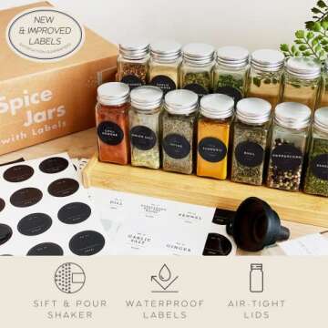 FINESSY Glass Spice Jars with Labels - 25-Pack Stylish Organizer