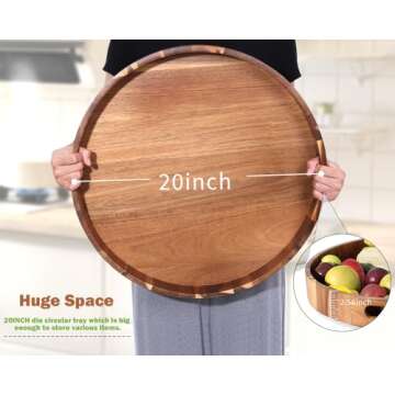 Extra Large Round Serving Tray, 20INCH, Heavy Duty Acacia Wood Trays for Big Ottoman Coffee Table Co...