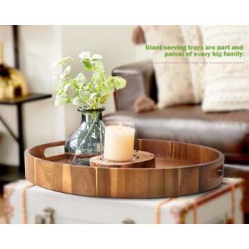 Extra Large Round Serving Tray, 20INCH, Heavy Duty Acacia Wood Trays for Big Ottoman Coffee Table Counter Giant Decorative Organizer Tray, Huge Kitchen Serveware Cheese Board Charcuterie Tray