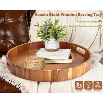 Extra Large Round Serving Tray, 20INCH, Heavy Duty Acacia Wood Trays for Big Ottoman Coffee Table Counter Giant Decorative Organizer Tray, Huge Kitchen Serveware Cheese Board Charcuterie Tray