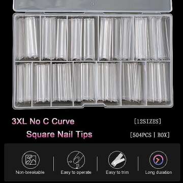 504Pcs No C Curve 3XL Extra Long Square Nail Tips for Acrylic Nails Professional, SWETIDY Clear Stra...