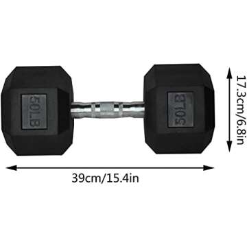 50 Lb Dumbbells, Hand Weights Rubber Encased 50 Pound Dumbbells, Basics Exercise Fitness Hex Dumbbells with Metal Handle for Men Women Home Gym Full Body Workout Strength Training(Single)