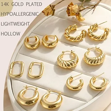 14K Gold Plated Chunky Hoop Earrings for Women