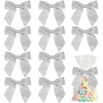 AIMUDI Satin Twist Tie Bows for Treat Bags 4.5" Pre-Tied Silver Bows with Twist Ties Gray Ribbon Bow...