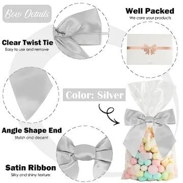 AIMUDI Satin Twist Tie Bows - 36 PCs Pre-Tied Silver Bows