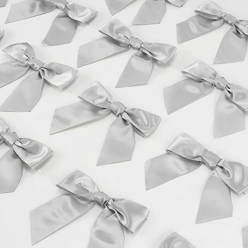 AIMUDI Satin Twist Tie Bows - 36 PCs Pre-Tied Silver Bows