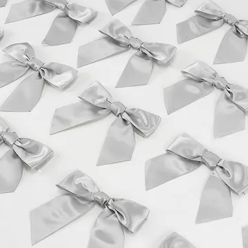 AIMUDI Satin Twist Tie Bows - 36 PCs Pre-Tied Silver Bows