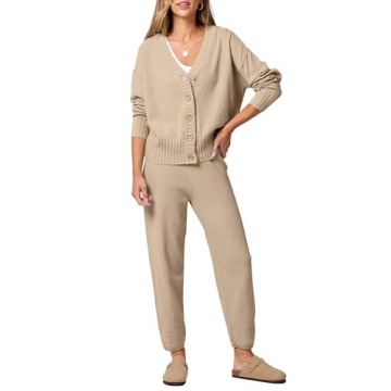 ANRABESS Women 2 Piece Outfits Waffle Knit Long Sleeve Cardigan Set Casual Sweater Pants Lounge Sets...