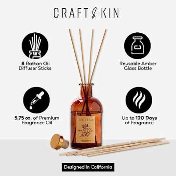 Craft & Kin Lily & Jasmine Diffuser Reed Diffuser | All Natural Essential Oil & 8 Rattan Scent Stick...