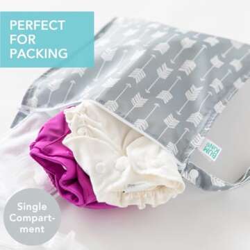 Bumkins Waterproof Wet Bag for Baby, Travel, Swim Suit, Cloth Diapers, Pump Parts, Pool, Gym Clothes, Toiletry, Strap to Stroller, Daycare, Zipper Reusable Bag, Wetdry Packing Pouch, Gray Arrows