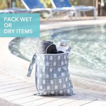 Bumkins Waterproof Wet Bag for Baby, Travel, Swim Suit, Cloth Diapers, Pump Parts, Pool, Gym Clothes, Toiletry, Strap to Stroller, Daycare, Zipper Reusable Bag, Wetdry Packing Pouch, Gray Arrows