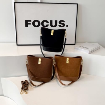 ONE2MAY Small Bucket Bag Bucket Purse for Women Shoulder Purse Crossbody Handbag Mini Faux Suede Hobo Bag (Caramel)