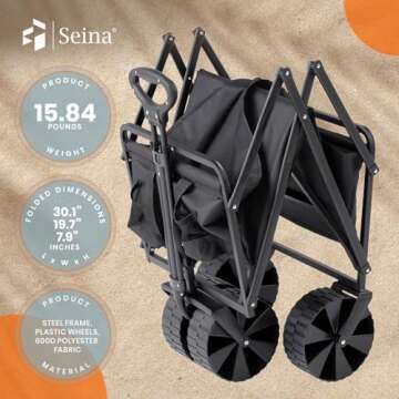 Seina 150 Pound Capacity Heavy Duty Steel Frame Collapsible Folding Outdoor Portable Utility Cart Wagon with All Terrain Plastic Wheels, Black