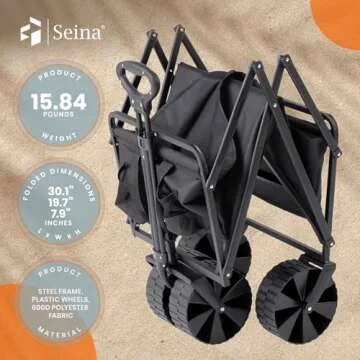 Seina 150 Pound Capacity Heavy Duty Steel Frame Collapsible Folding Outdoor Portable Utility Cart Wagon with All Terrain Plastic Wheels, Black